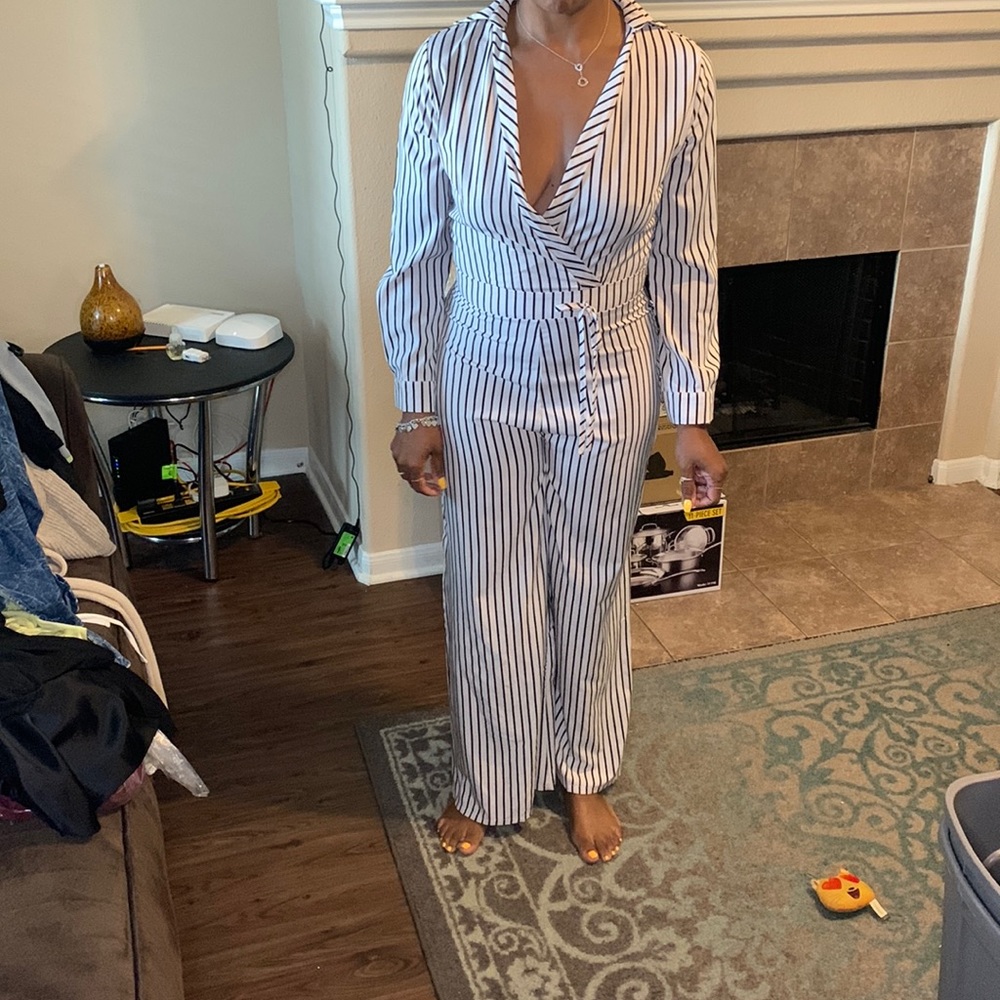 White pinstripe jumpsuit